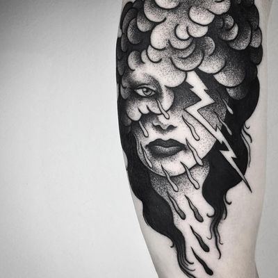 Surreal portrait tattoo by Maldenti #Maldenti #ladytattoos #blackandgrey #portrait #lady #face #storm #blouds #lightning #rain #tears #surreal #darkart