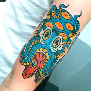 Octopus tattoo by Deno #Deno #octopustattoo #color #newtraditional #surreal #eyes #fishhead #ocean #oceanlife #animal #nature #dots #tattoooftheday