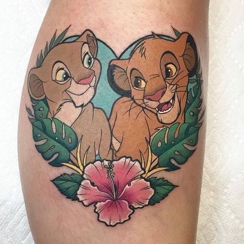 Nala and Simba tattoo by Jackie Huertas. #traditional #JackieHuertas #Disney #lion #TheLionKing #Nala #Simba