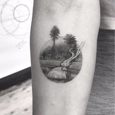 Ancient Tar Pits of LA by Doctor Woo #DoctorWoo #blackandgrey #small #realism #realistic #hyperrealism #palmtrees #elephant #losangeles #lake #prehistoric #landscape #nature #tattoooftheday