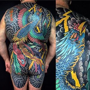 Full on phoenix back piece with traditional Japanese background imagery by Kian Forreal. #japanese #traditionaljapanese #phoenix #KianForreal #Horisumi
