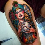 Stunning Gypsy Lady Tattoo thigh piece by Xam @XamTheSpaniard #Xam #XamtheSpaniard #Beautiful #Gypsy #Girl #Lady #Traditional #sevendoorstattoo #London