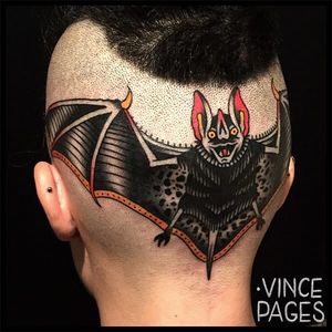 Badass Bat Traditional Tattoo by Vince Pages @Vince_Pages #Vincepages #Traditional #Traditionaltattoo #Nuitnoiretattoo #Geneva #Switzerland #Bat #Headtattoo