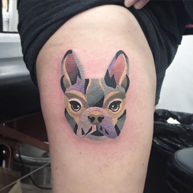 Boston terrier portrait tattoo located on the inner