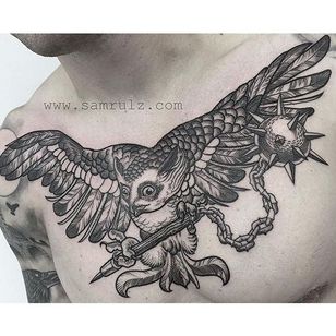 Tatuaje de búho por Sam Rulz #IllustrativeTattoos #Illustrative #Etching #Illustration #Blackwork #SamRulz #owl