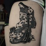 Tattoo by Franco Maldonado #FrancoMaldonado #blackandgrey #illustrative #newtraditional #darkart #surreal #Japanese #kimono #geisha #courtesan #pattern #rose #linework