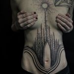 Tattoo by Noel'le Longhaul #NoelleLonghaul #linework #blackwork #dotwork #illustrative #nature #landscape #etchingtattoo #woodblock #forest #trees #river #line #sun #moon #door #magic