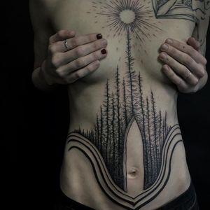 Tattoo by Noel'le Longhaul #NoelleLonghaul #linework #blackwork #dotwork #illustrative #nature #landscape #etchingtattoo #woodblock #forest #trees #river #line #sun #moon #door #magic
