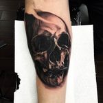 Awesome skull tattoo by Jake Ross! #jakeross #skull #blackandgray #tattoo
