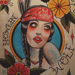 A tattooed Native American lady head design by Howlin' Wolf (IG—howlinwolftattoo). #flashart #ladyhead #HowlinWolf #NativeAmerican #traditional