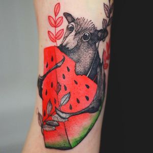 Bb bat tattoo by Joanna Swirska #JoannaSwirska #dzolama #naturetattoos #color #watercolor #illustrative #bat #animal #watermelon #fruit #cute #leaves #tattoooftheday