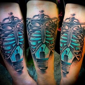 Super cool unique design. Tattoo by Bam Bam #BamBam #freestyle #painting #brushstroke #watercolor #skeleton #lightbulb