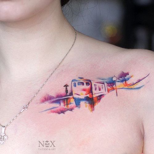 Rainy scene tattoo by Matty Nox #MattyNox #watercolor #rain #train