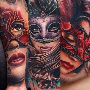 10 Mysterious & Beautiful Masked Lady tattoos. Artist(s) unknown