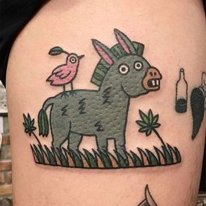 Bird, Donkey and Pot Leaves Tattoo by Jiran @Jiran_Tattoo #Potleaf #Potleaftattoo #Weedtattoo #Weed #Cutetattoo #Neotraditional #JiranTattoo #Korea #bird #donkey