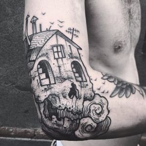 Skull house tattoo by Veks Van Hillik #VeksVanHillik #blackwork #surrealistic #graphic #skull #house