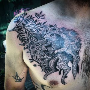 Tattoo by Noel'le Longhaul #NoelleLonghaul #linework #blackwork #dotwork #illustrative #nature #landscape #etching #wolf #wolfskin #animalskin #floral #flowers #roses #animal #leaves #branch