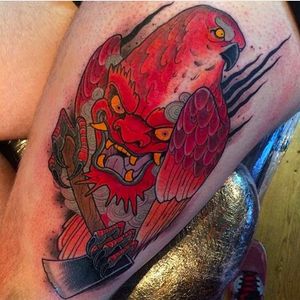 A bird with a demon head belly, radical looking tattoo by Dave Swambo. #DaveSwambo #neotraditional #bird #demon