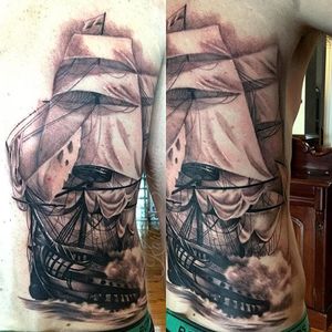 Ship as part of a larger back piece project. Tattoo by Karlee Sabrina. #blackandgrey #realism #ship #backpiece #WIP #KarleeSabrina