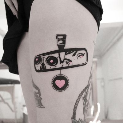 Skeleton and girl tattoo by Welfare Dentist #WelfareDentist #besttattoos #blackfill #pink #rearviewmirror #mirror #skeleton #skull #ladyhead #heart #blink182 #minimalist #popart #tattoooftheday