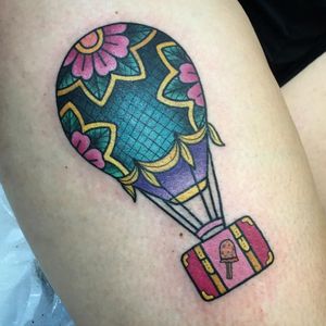 Colourful hot air balloon and suitcase tattoo by Christina Hock #ChristinaHock #balloon #hotairballoon #suitcase #flower