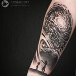 The Universe tattoo by Andrew Barsukov #AndrewBarsukov #rickandmortytattoos #rickandmorty #blackandgrey #realism #realistic #galaxy #scifi #adultwim #cartoon #silhouette #stars #planet #saturn #universe