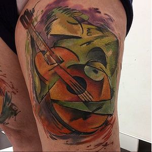 A very abstract guitar player from Bugs' portfolio (IG-bugsartwork). #Bugs #colorful #cubism #guitarist