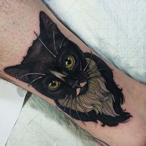 A furry black and white cat tattoo by Crispy Lennox. #cat #feline #neotraditional #styledrealism #CrispyLennox