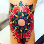 Bright and Bold Flower Mandala Tattoo done at Red Five Tattoo #RedFiveTattoo #Elbow #Bright #Bold #Flower #Mandala