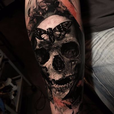 Skull and moth tattoo by Thomas Carli jarlier #ThomasCarliJarlier #blackandgrey #realism #realistic #hyperrealism #skull #bones #death #moth #butterfly #darkart #morbid #tattoooftheday