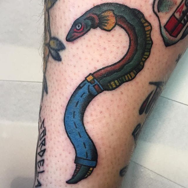 Eel by Jake Whitson guesting at Aloha Monkey in Burnsville MN   rtraditionaltattoos