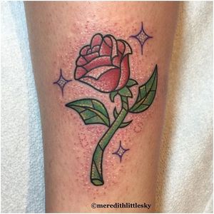 Glittery stained glass rose tattoo by Meredith Little Sky. #sparkly #kawaii #glittery #flower #rose #MeredithLittleSky