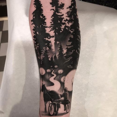 Racing horse through forest by Jacob Wiman #JacobWiman #blackandgrey #realism #realistic #blackwork #forest #trees #horse #racing #light #path #person #nature #landscape #tattoooftheday