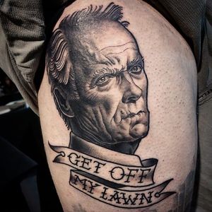 Black and grey Clint Eastwood portrait tattoo by Matt Buck #MattBuck #filmdirectorstattoo #ClintEastwood #blackandgrey #portrait