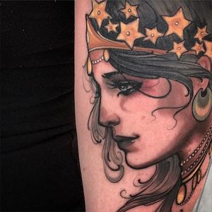 Celestial empress portrait tattoo by Matt Tischler. #MattTischler #neotraditional #portrait #woman #fierce #goddess #stars #celestial #queen #empress