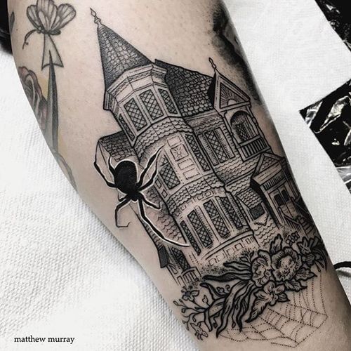 Haunted House by Matthew Murray (via IG-blackveiltattoo) #blackandgrey #halloween #spooky #macabre #hauntedhouse #spider #MatthewMurray #BlackVeilStudio