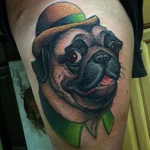 Gentleman Pug tattoo by @mileskanne #mileskanne #neotraditionaltattoo #animaltattoo #stevestontattoocompany #pug