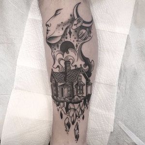 Blackwork manor portrait tattoo by Tyler Allen Kolvenbach. #TylerAllenKolvenbach #blackwork #manor #house #dark #grim #portrait