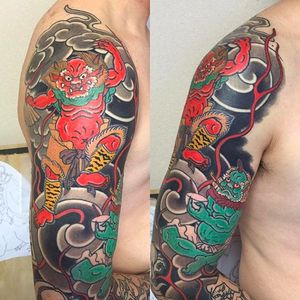 Awesome Raijin sleeve tattoo by Horitatsu. #Horitatsu #japanesestyle #irezumi #Japanesetattoo #kyoto #osaka #raijin