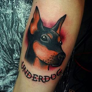 Cute tradtional doberman tattoo by Ryan Wilson. #traditional #dog #doberman #lettering #RyanWilson