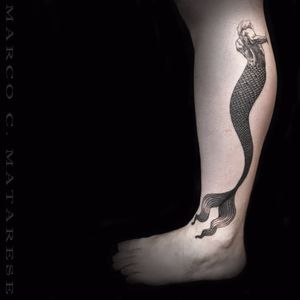 Engraving tattoo by Marco Matarese #blackwork #mermaid #MarcoMatarese #engraving
