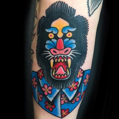 Mandrill tattoo by Ash Hochman #AshHochman #color #newtraditional #traditional #mandrill #monkey #baboon #gorilla #fangs #animal #nature #hawaii #hawaiianshirt #flowers #cherryblossoms #tattoooftheday