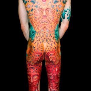 Insanely good full bodysuit based on Alex Grey's illustration for 10,000 Days. Photo from Pinterest by unknown artist #Tool #AlexGrey #progressivemetal #albumcover #10000days #colorwork
