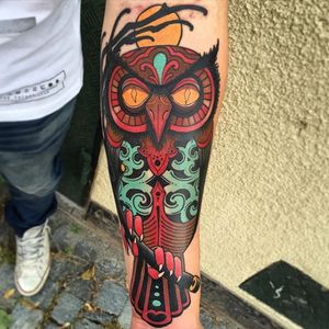 Owl Tattoo by Jacob Wiman #Owl #NeoTraditional #NeoTraditionalTattoos #Owl #NeoTraditionalArtist #BoldTattoos #JacobWiman