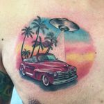 UFO Vacation tattoo by Renato Vaccaro Vargas #RenatoVaccaroVargas #cartattoos #color #realistic #watercolor #newschool #vacation #UFO #aliens #vintage #car #chevy #palmtrees #sunset #tattoooftheday