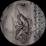 Narwhal tattoo by Amy Dowell. #narwhal #blackwork #woodcut #alternative