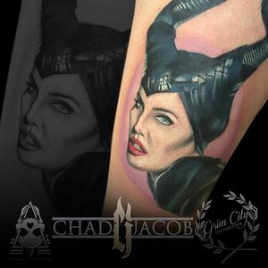 Maleficent Tattoo by Chad Jacob #Maleficent #Portrait #ColorPortrait #PortraitTattoos #ColorRealism #ChadJacob #Maleficent