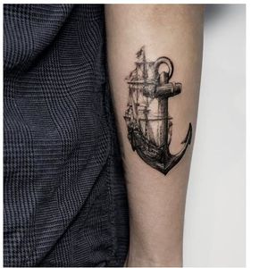 Intricate anchor and ship tattoo by Emma Bundonis #EmmaBundonis #blackandgrey #realistic #anchor #ship
