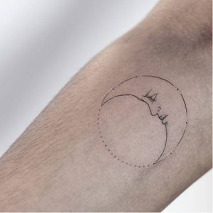 Crescent moon tattoo by Lindsay April. #crescent #crescentmoon #moon #dotwork #pointillism #subtle #LindsayApril