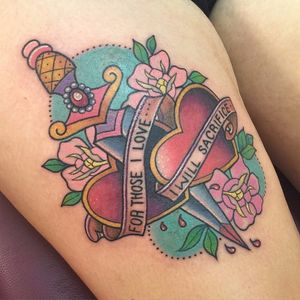 Girly traditional dagger tattoo by Sarah K. #SarahK #girly #traditional #dagger #flower #heart #heartdagger